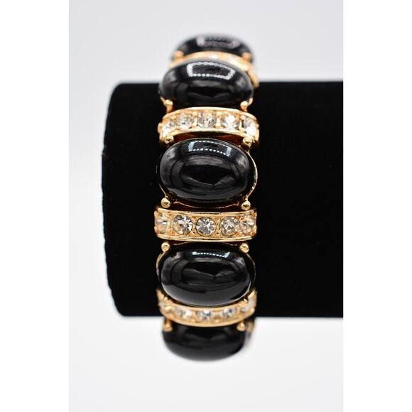 Stretchy Bracelet Black Cabochon Rhinestone Crystal Gold Tone Shiny Bin6 - Picture 1 of 12